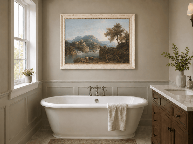 Landscape Oil Painting - Rustic river valley castle & waterfall