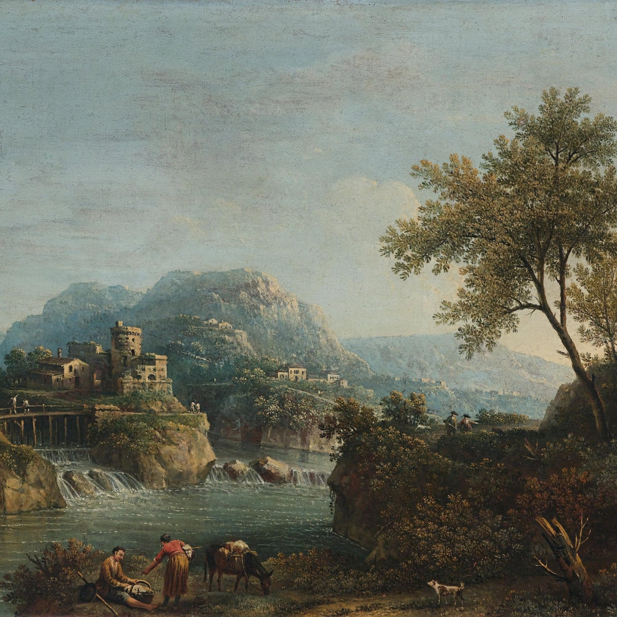 Landscape Oil Painting - Rustic river valley castle & waterfall - Oil Painting Haven