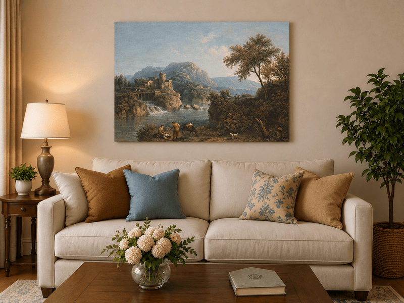 Landscape Oil Painting - Rustic river valley castle & waterfall