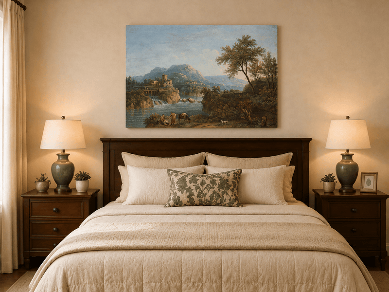 Landscape Oil Painting - Rustic river valley castle & waterfall