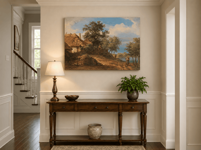 Landscape Oil Painting - Rustic Riverside Cottage with Figure
