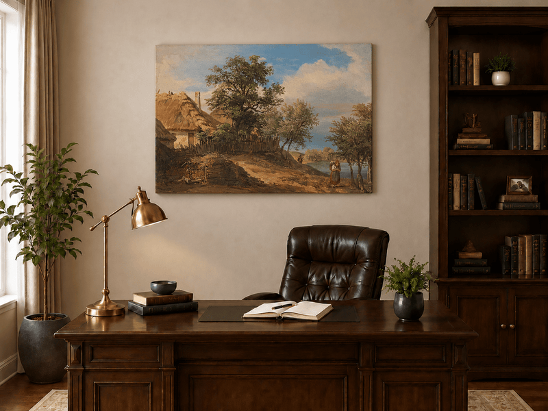 Landscape Oil Painting - Rustic Riverside Cottage with Figure