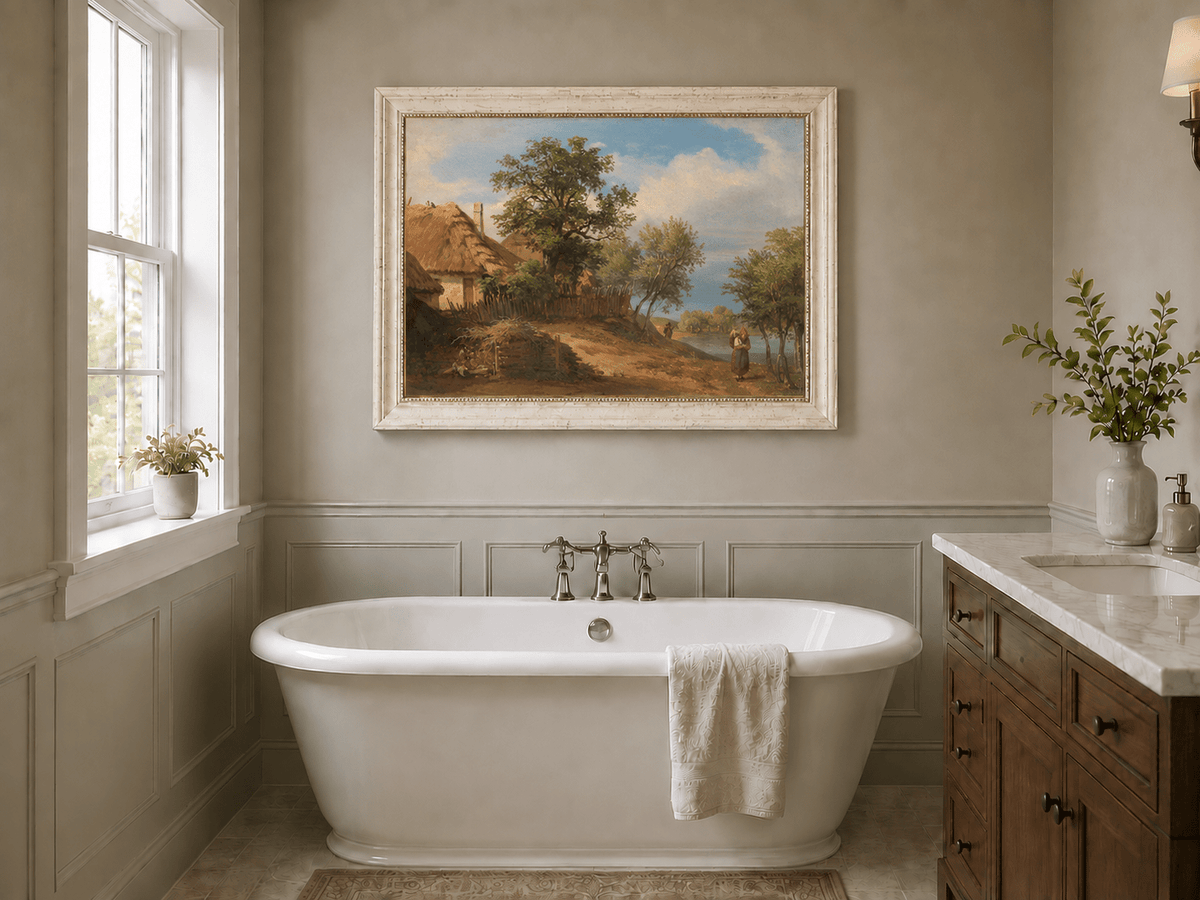 Landscape Oil Painting - Rustic Riverside Cottage with Figure