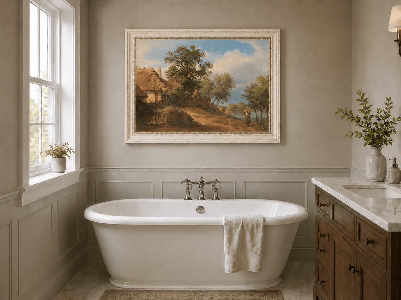 Landscape Oil Painting - Rustic Riverside Cottage with Figure