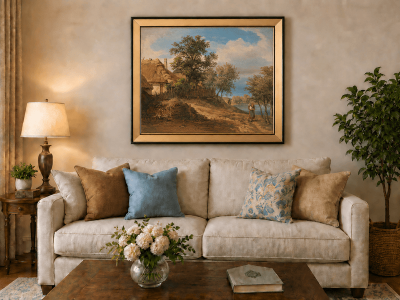 Landscape Oil Painting - Rustic Riverside Cottage with Figure