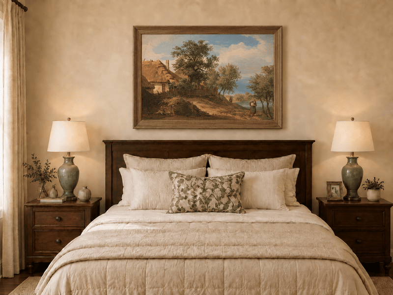 Landscape Oil Painting - Rustic Riverside Cottage with Figure
