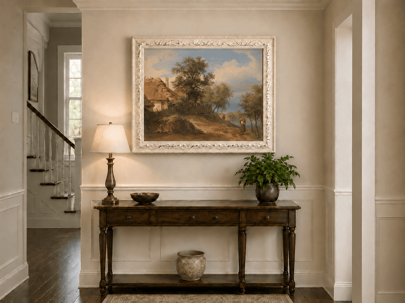 Landscape Oil Painting - Rustic Riverside Cottage with Figure