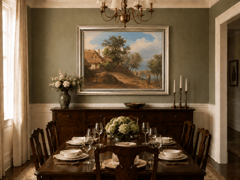 Landscape Oil Painting - Rustic Riverside Cottage with Figure