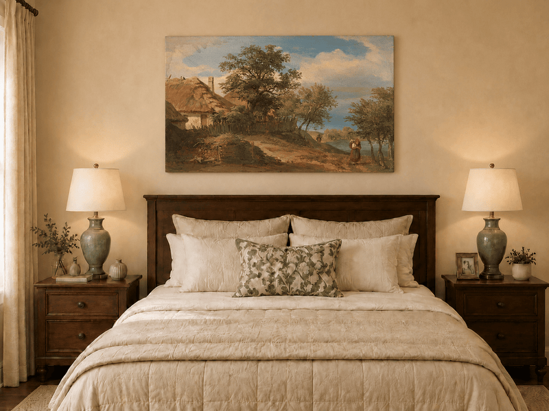 Landscape Oil Painting - Rustic Riverside Cottage with Figure