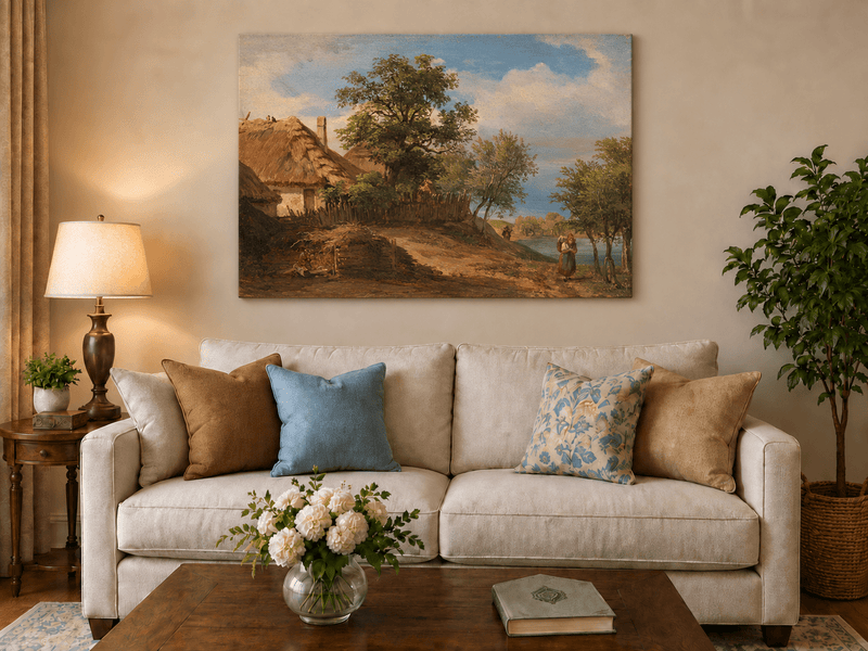 Landscape Oil Painting - Rustic Riverside Cottage with Figure