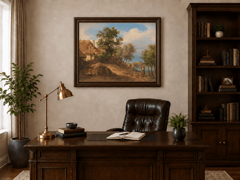 Landscape Oil Painting - Rustic Riverside Cottage with Figure