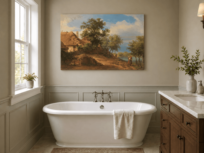 Landscape Oil Painting - Rustic Riverside Cottage with Figure
