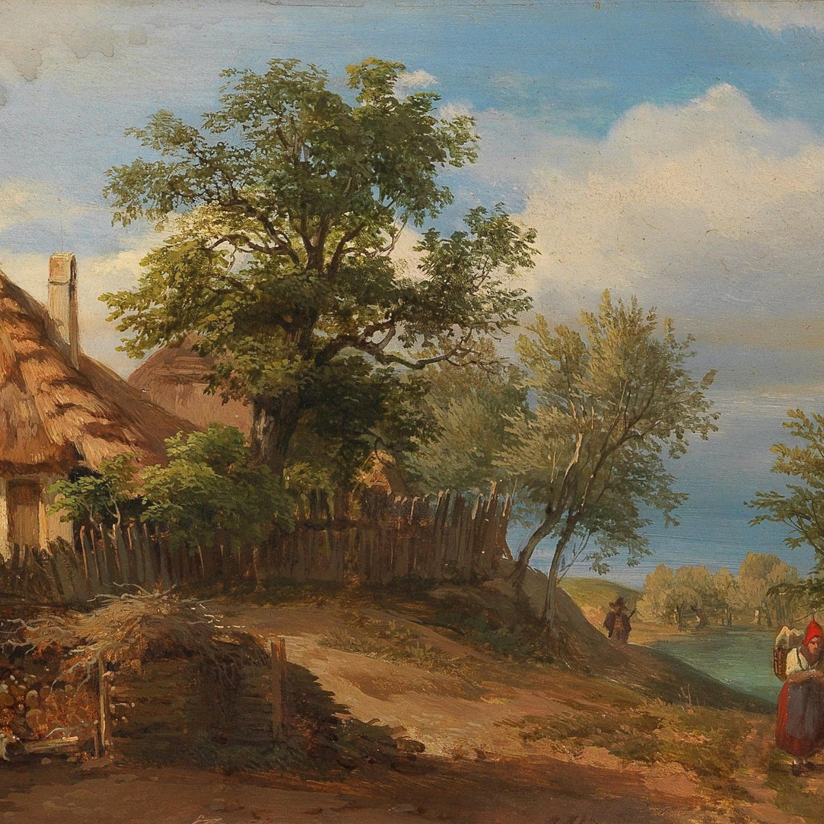 Hand-painted rustic riverside cottage with figure landscape oil painting on canvas