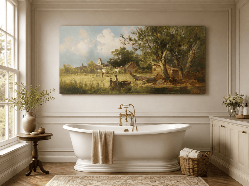 Landscape Oil Painting - Rustic Riverside Village with Boat