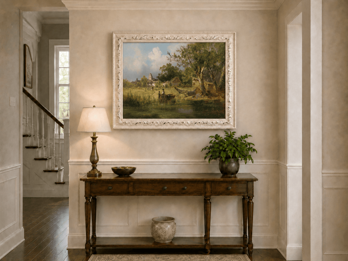 Landscape Oil Painting - Rustic Riverside Village with Boat