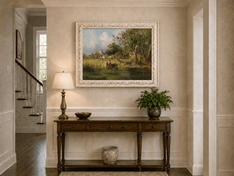 Landscape Oil Painting - Rustic Riverside Village with Boat