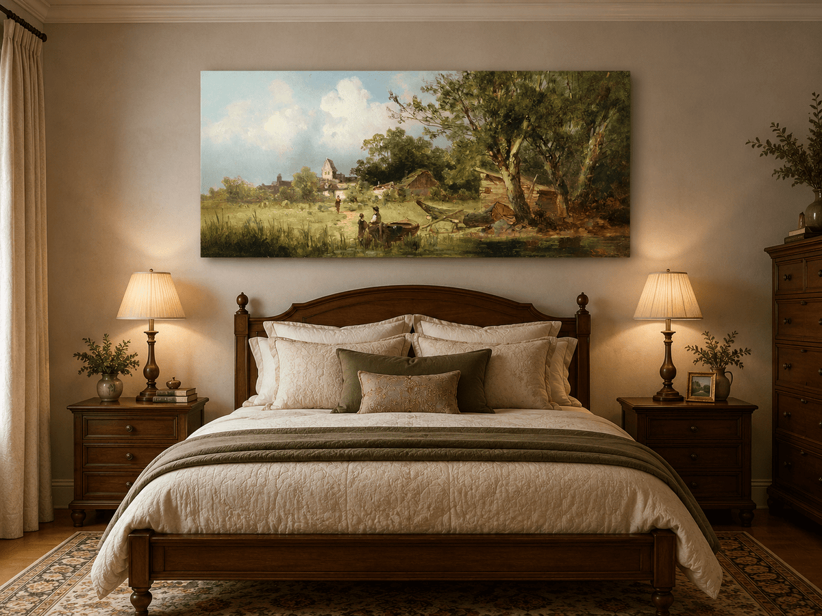 Landscape Oil Painting - Rustic Riverside Village with Boat