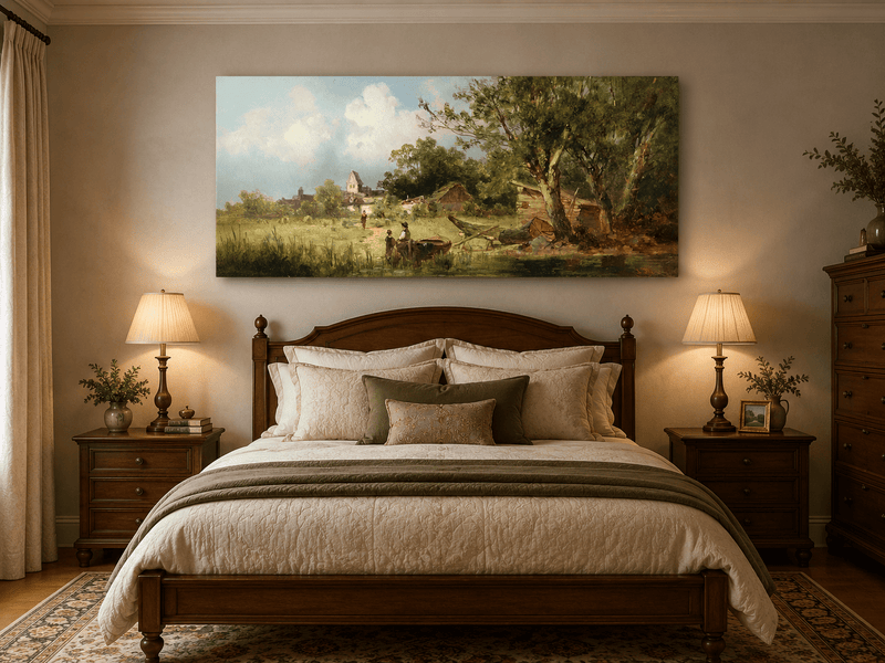 Landscape Oil Painting - Rustic Riverside Village with Boat