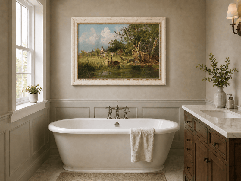 Landscape Oil Painting - Rustic Riverside Village with Boat