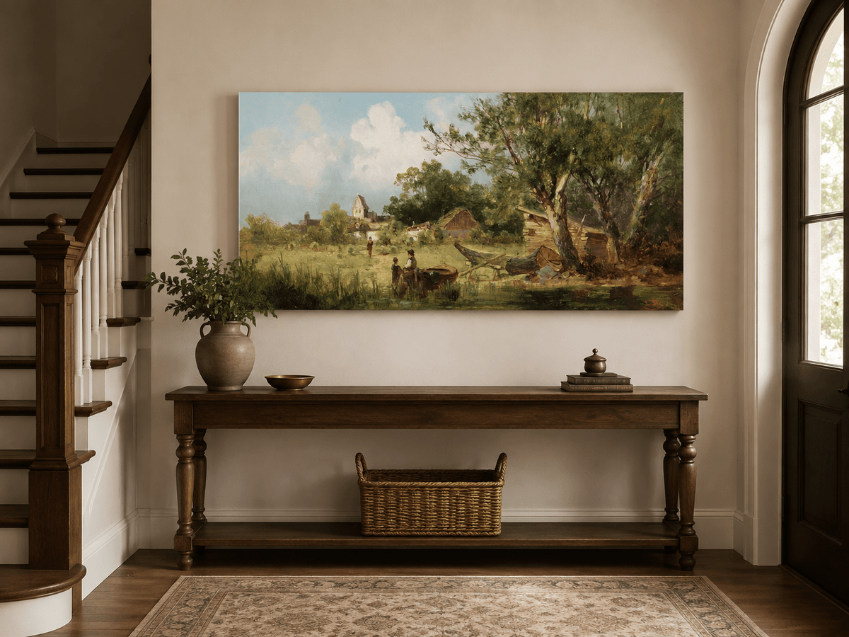 Landscape Oil Painting - Rustic Riverside Village with Boat
