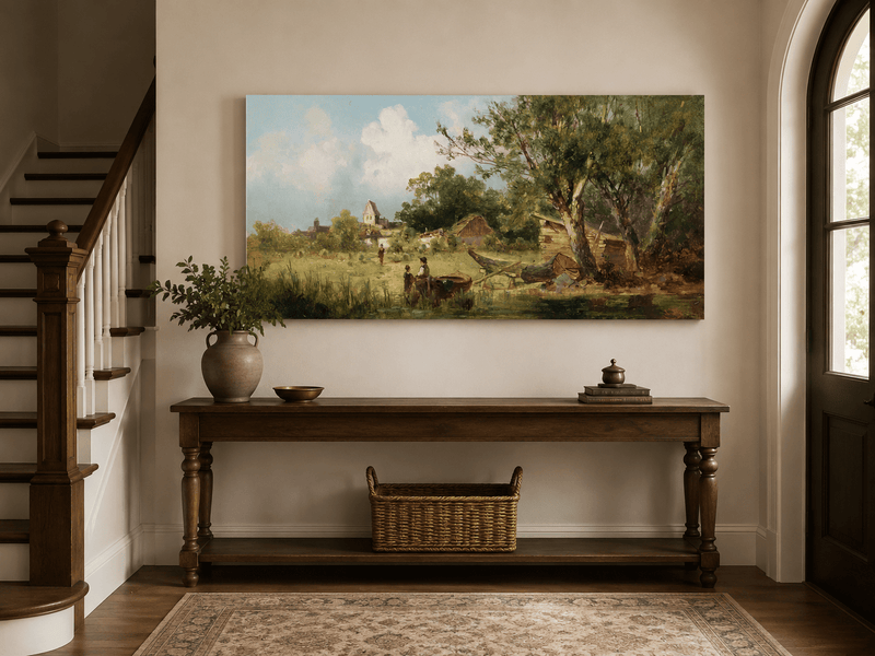 Landscape Oil Painting - Rustic Riverside Village with Boat