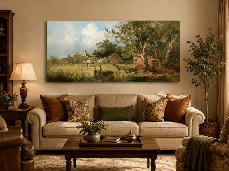 Landscape Oil Painting - Rustic Riverside Village with Boat