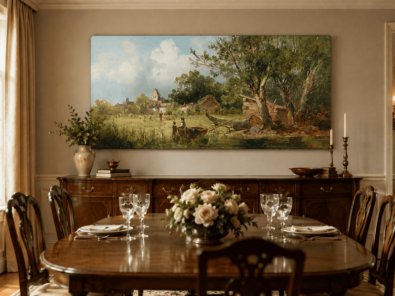 Landscape Oil Painting - Rustic Riverside Village with Boat