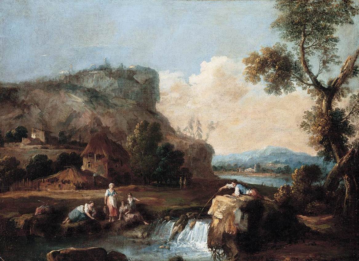 Landscape Oil Painting - Rustic Riverside Village with Waterfall - Oil Painting Haven