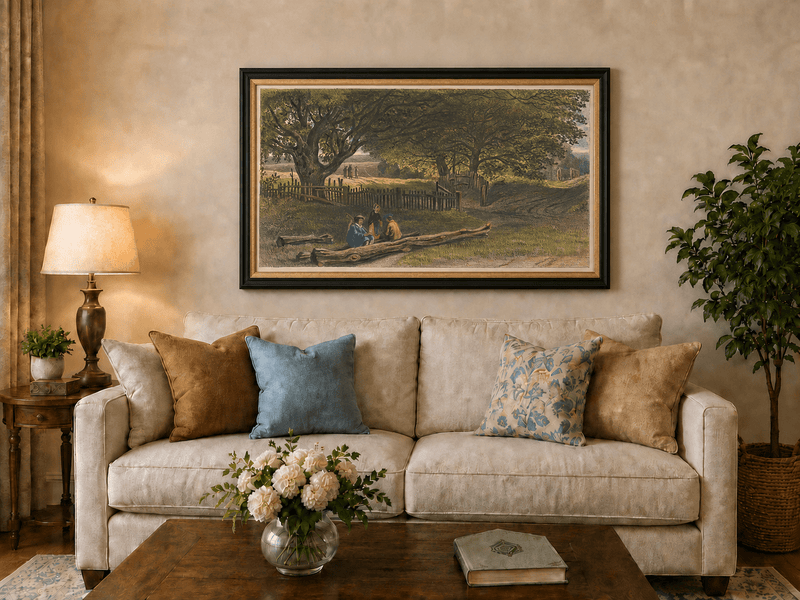 Landscape Oil Painting - Rustic Roadside Rest Beneath Oak Trees