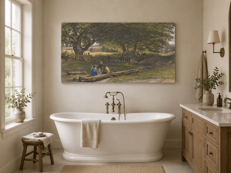 Landscape Oil Painting - Rustic Roadside Rest Beneath Oak Trees