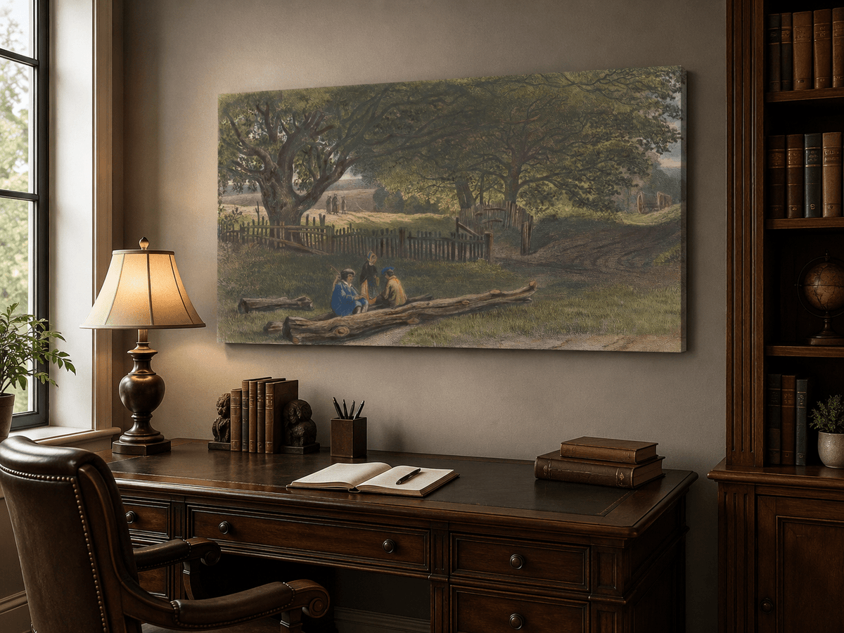 Landscape Oil Painting - Rustic Roadside Rest Beneath Oak Trees