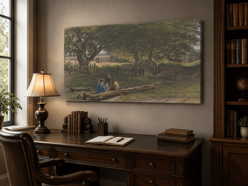 Landscape Oil Painting - Rustic Roadside Rest Beneath Oak Trees