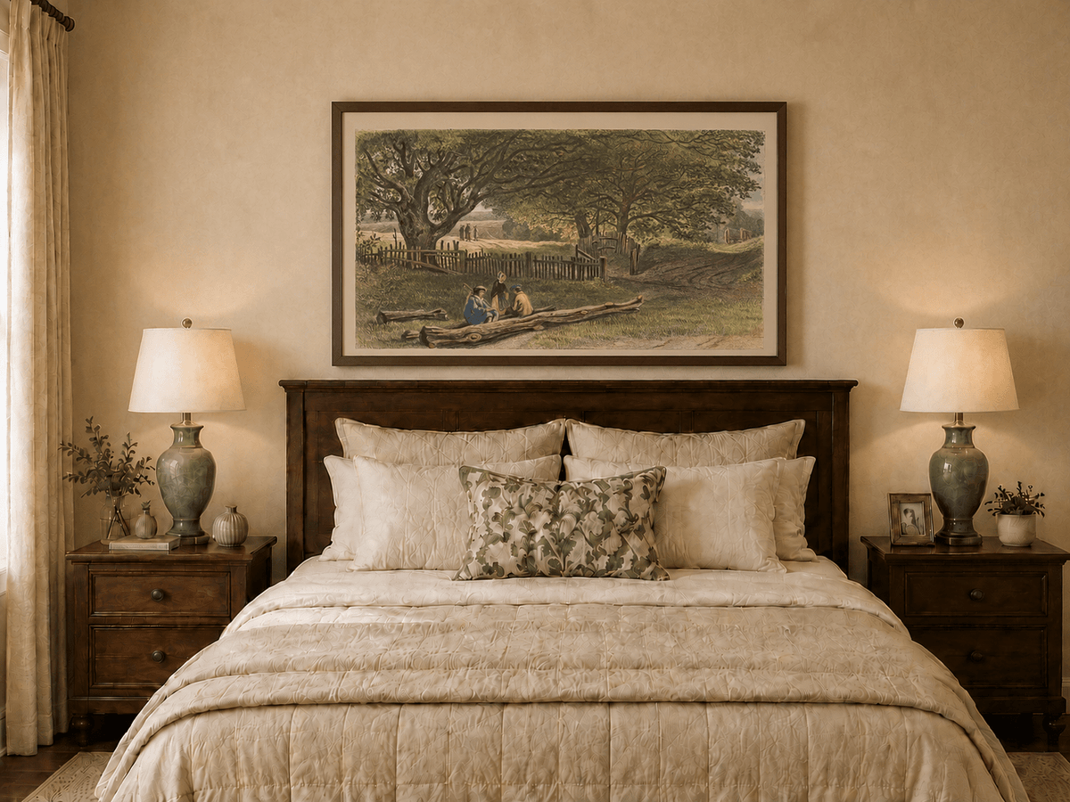 Landscape Oil Painting - Rustic Roadside Rest Beneath Oak Trees