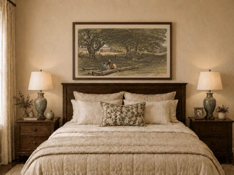 Landscape Oil Painting - Rustic Roadside Rest Beneath Oak Trees