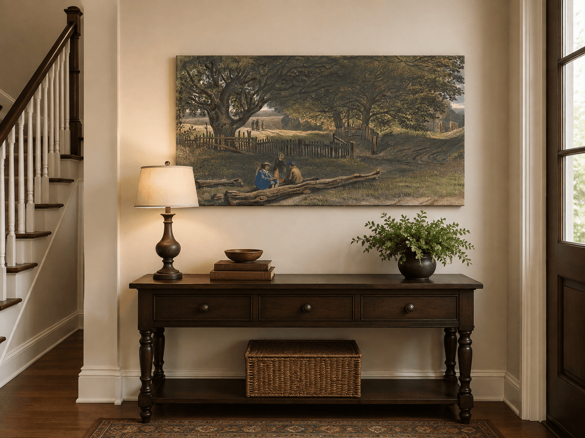 Landscape Oil Painting - Rustic Roadside Rest Beneath Oak Trees