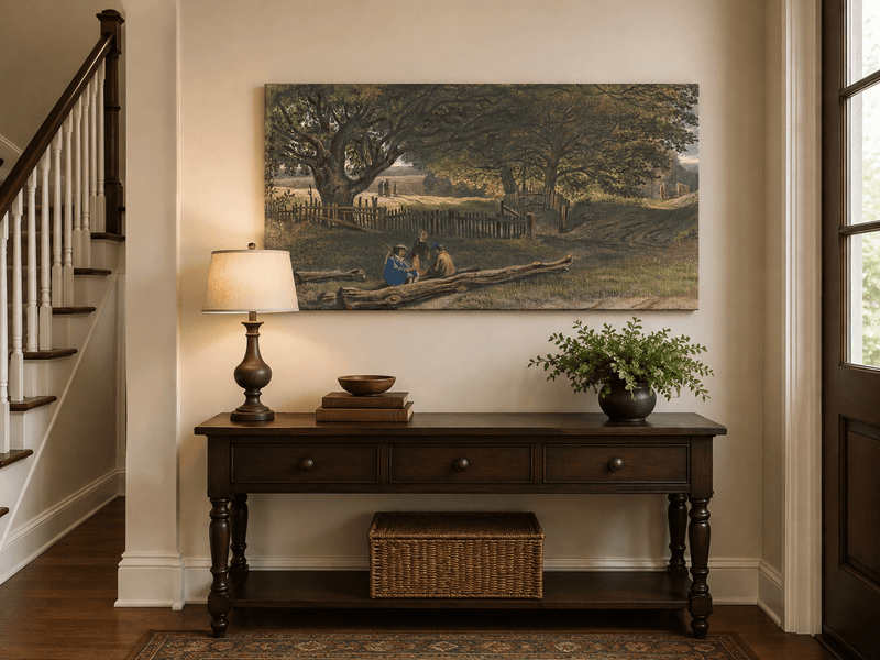 Landscape Oil Painting - Rustic Roadside Rest Beneath Oak Trees