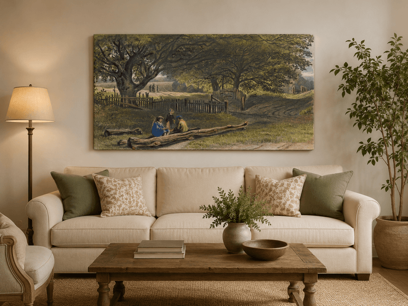 Landscape Oil Painting - Rustic Roadside Rest Beneath Oak Trees