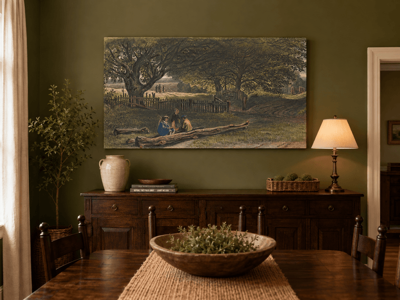 Landscape Oil Painting - Rustic Roadside Rest Beneath Oak Trees
