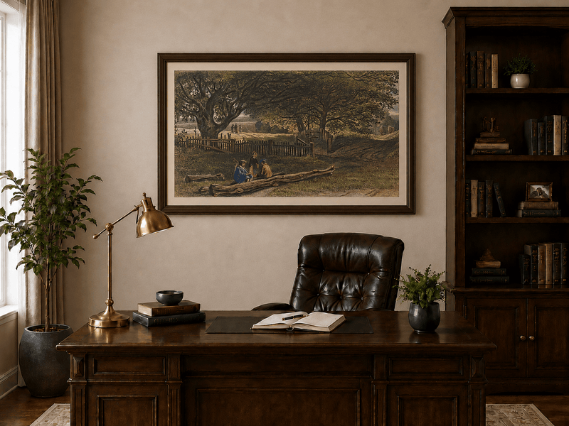 Landscape Oil Painting - Rustic Roadside Rest Beneath Oak Trees