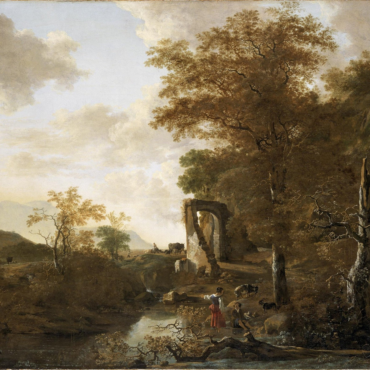 Hand-painted rustic ruins, autumn trees and stream landscape oil painting on canvas
