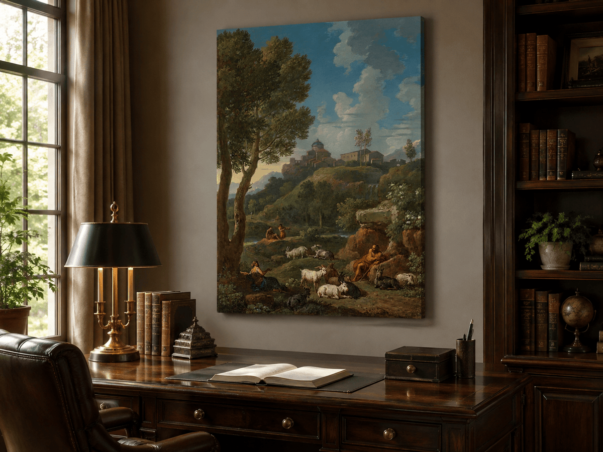 Landscape Oil Painting - Rustic Shepherd Village Hillside Scene
