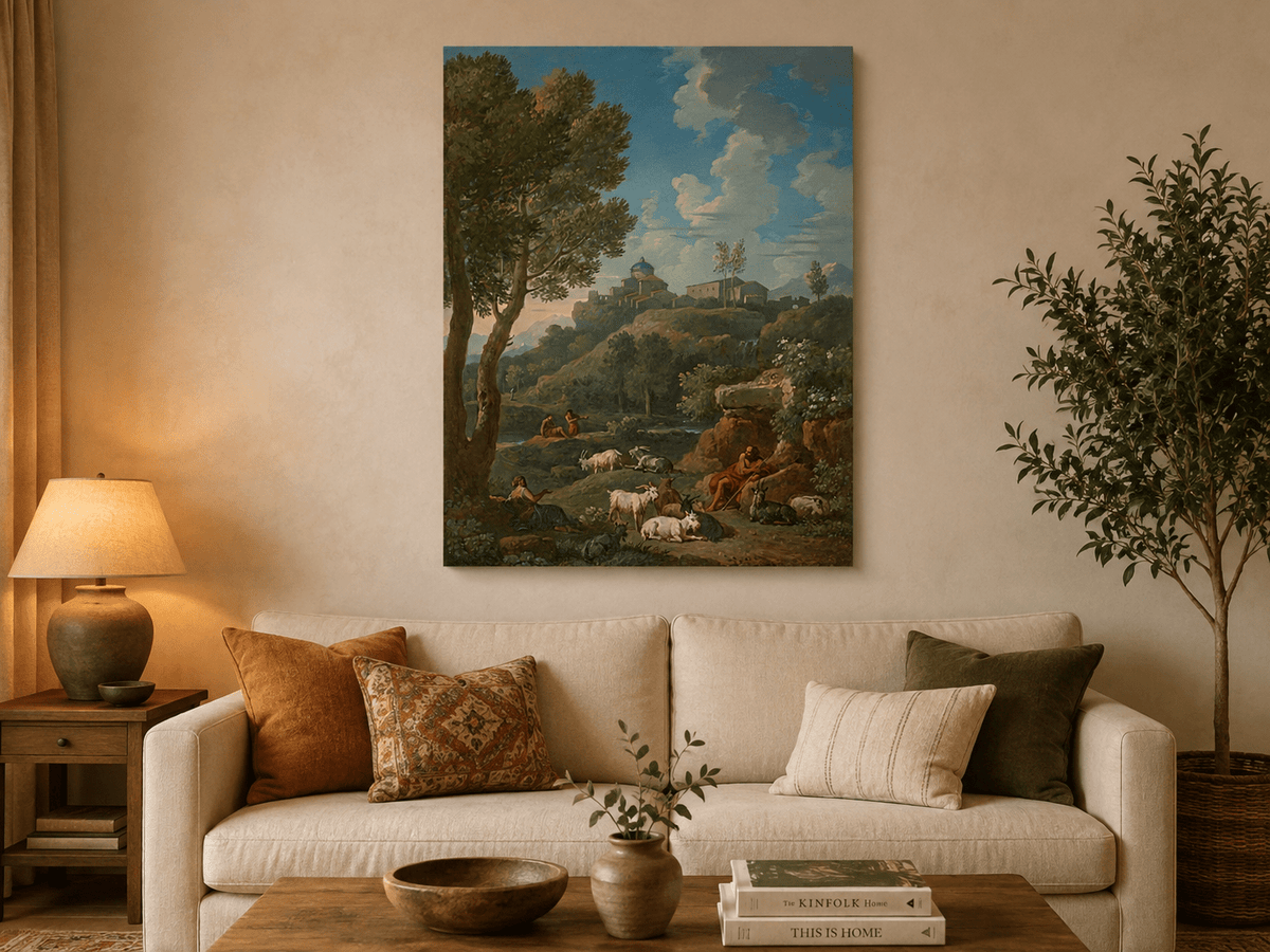 Landscape Oil Painting - Rustic Shepherd Village Hillside Scene