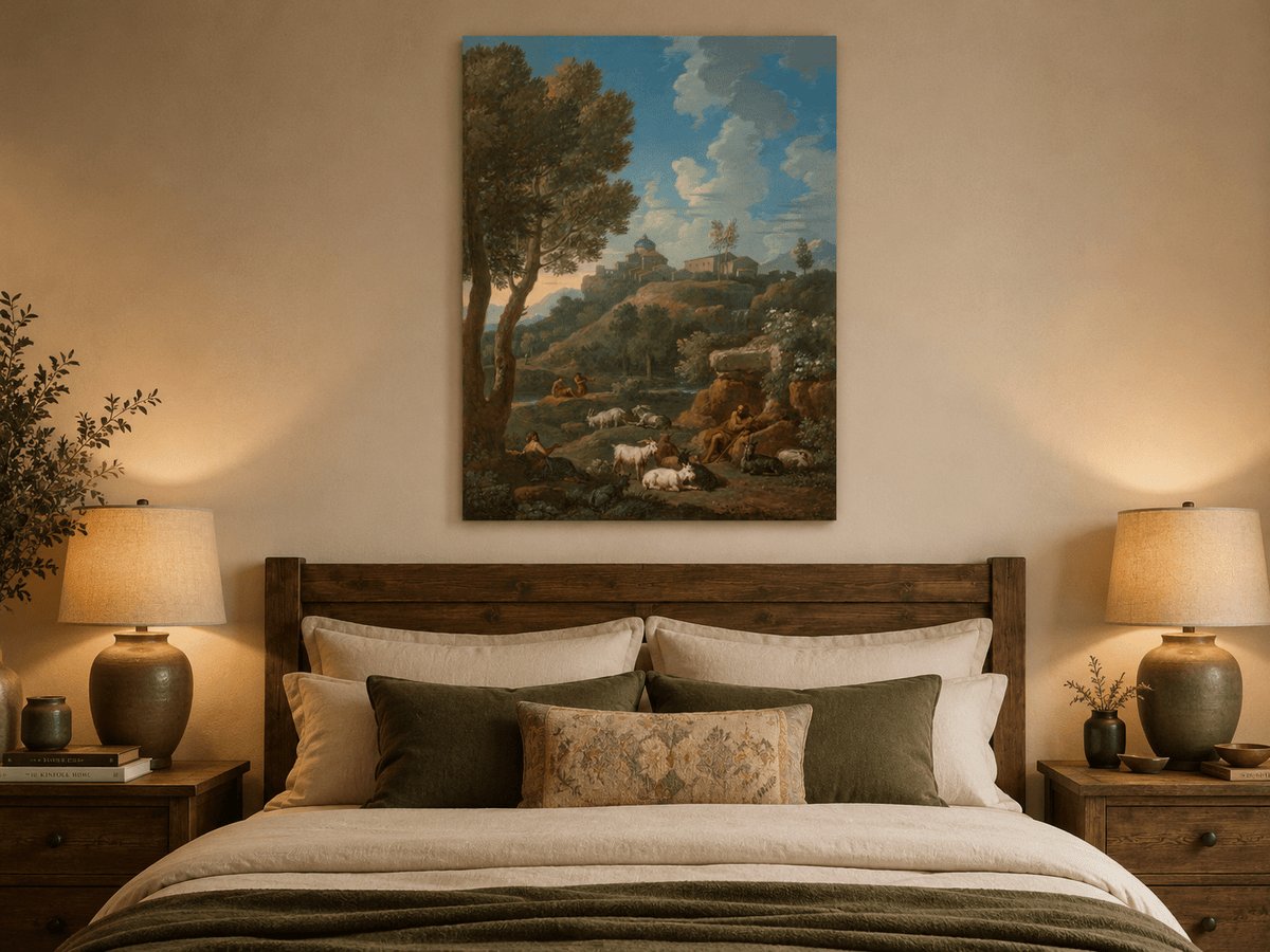Landscape Oil Painting - Rustic Shepherd Village Hillside Scene