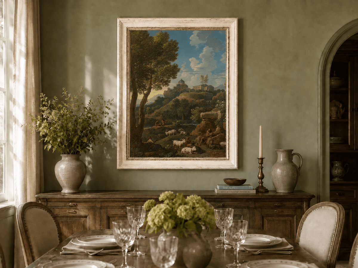 Landscape Oil Painting - Rustic Shepherd Village Hillside Scene