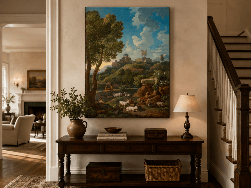 Landscape Oil Painting - Rustic Shepherd Village Hillside Scene