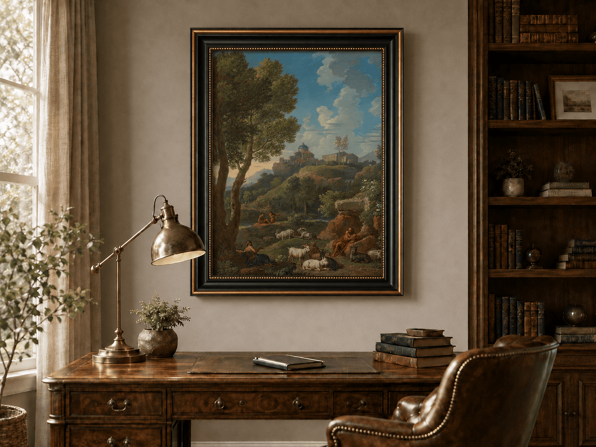 Landscape Oil Painting - Rustic Shepherd Village Hillside Scene