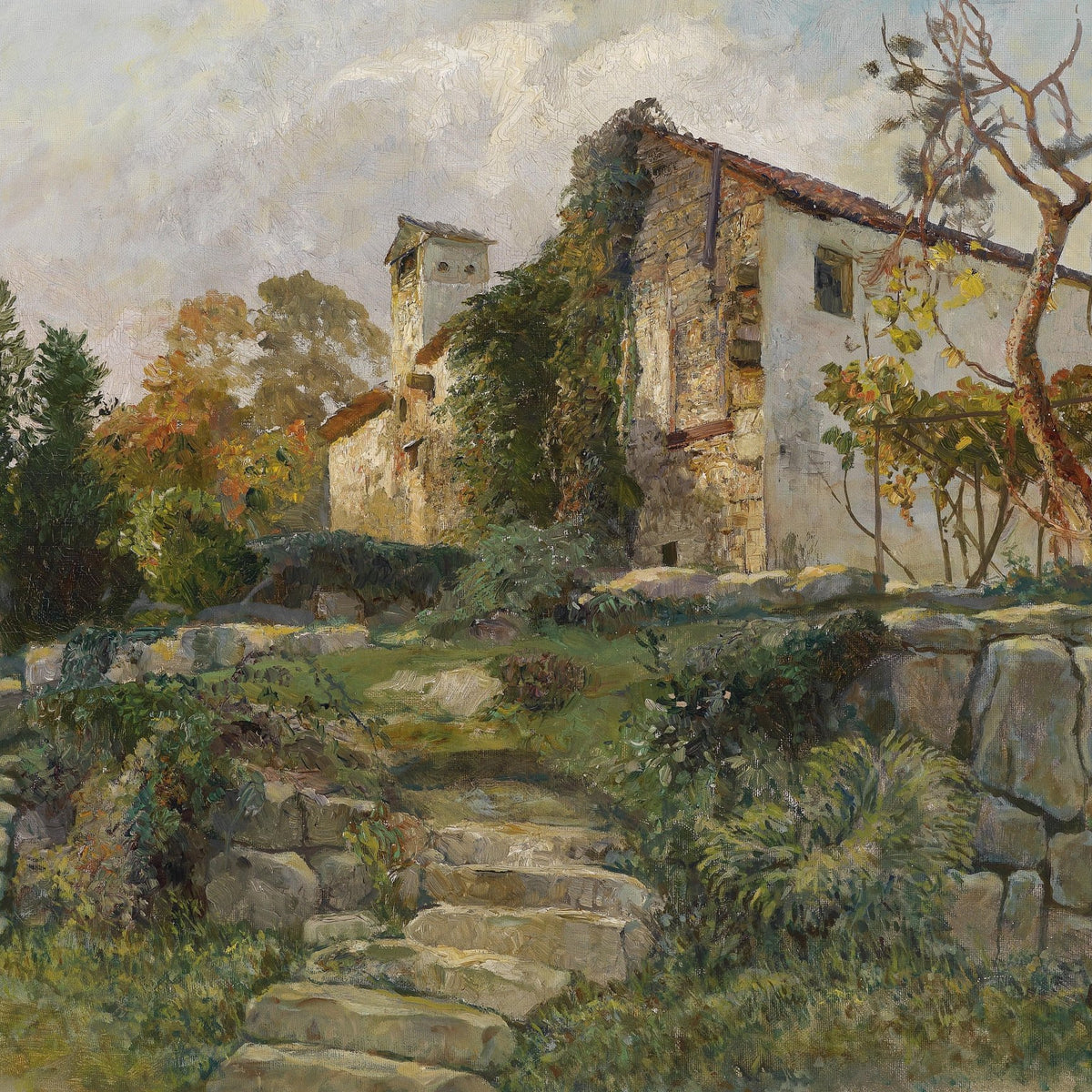 Landscape Oil Painting - Rustic Stone Farmhouse: Steps & Autumn Foliage - Oil Painting Haven