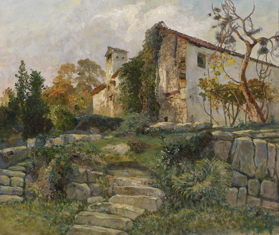 Landscape Oil Painting - Rustic Stone Farmhouse: Steps & Autumn Foliage - Oil Painting Haven