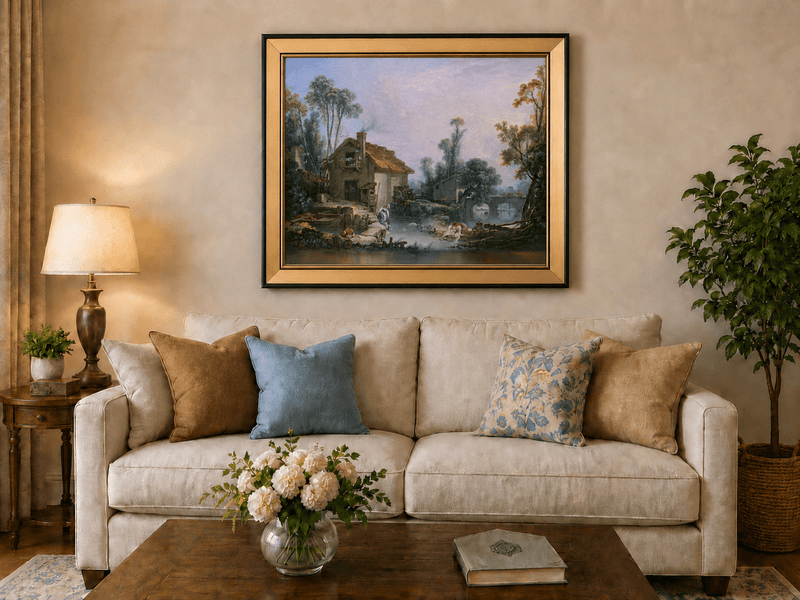 Landscape Oil Painting - Rustic Stream and Village Life Scene