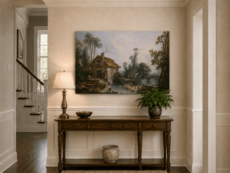 Landscape Oil Painting - Rustic Stream and Village Life Scene